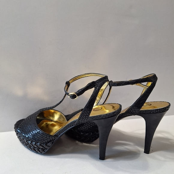 Audrey Brooke Black Yesenie Leather Snake T-Strap Platform Stiletto Heels 8.5 - Picture 3 of 13